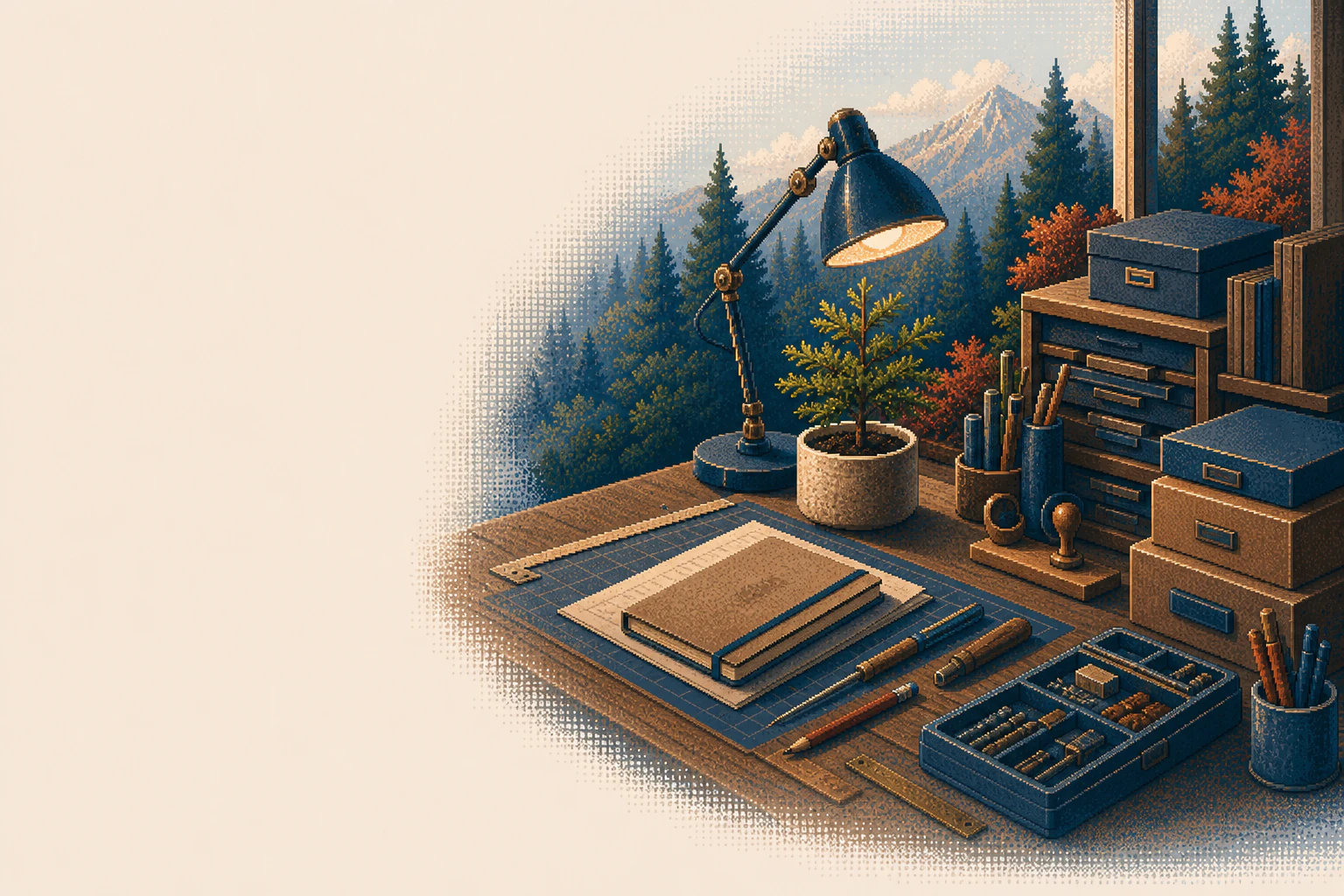 Pixel-art editorial illustration of a small independent studio with one carefully maintained workbench.