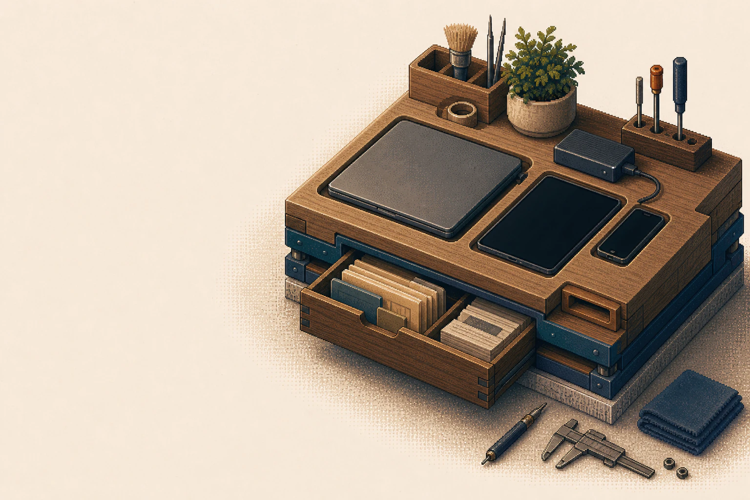 Pixel-art editorial illustration of a carefully layered instrument, local files, and maintenance tools above a durable workbench.
