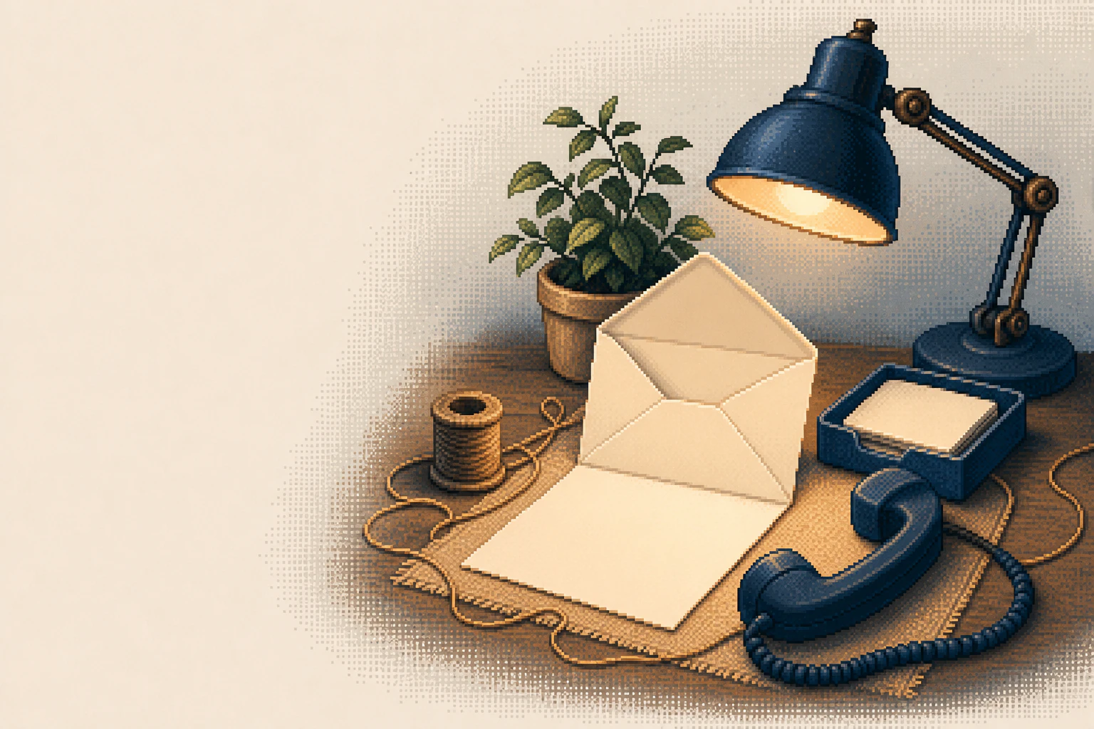 Pixel-art illustration of an envelope, a telephone, and postal letters gathered on a welcoming correspondence desk.
