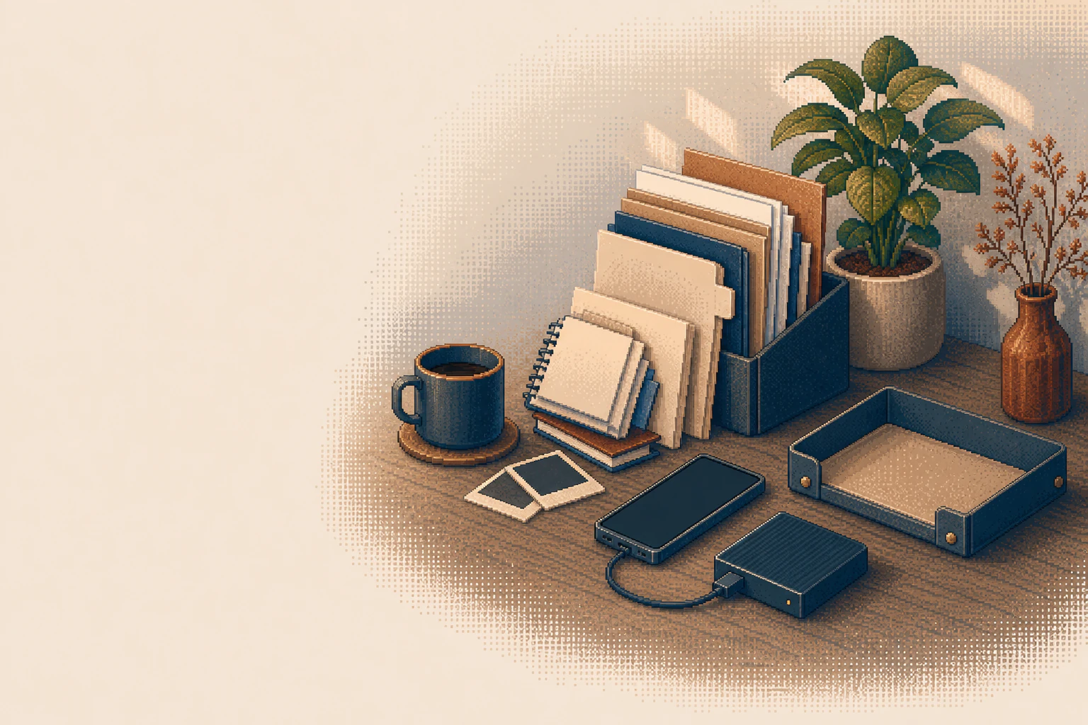 Pixel-art editorial illustration of personal files beside a local device and drive, joined by one short physical cable.
