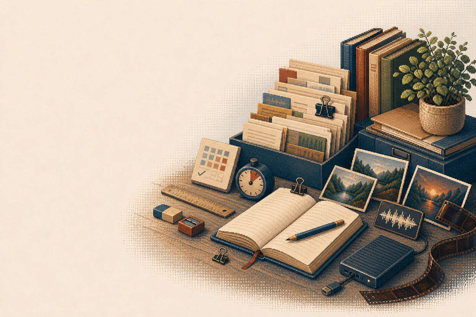 Pixel-art illustration of research notes, daily planning tools, and personal media gathered around a shared workshop table.