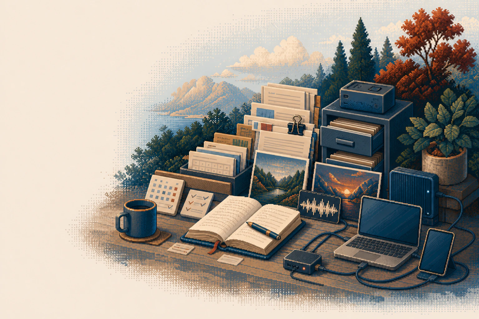 Pixel-art illustration of a quiet digital workshop with research notes, media, local files, and connected personal devices.