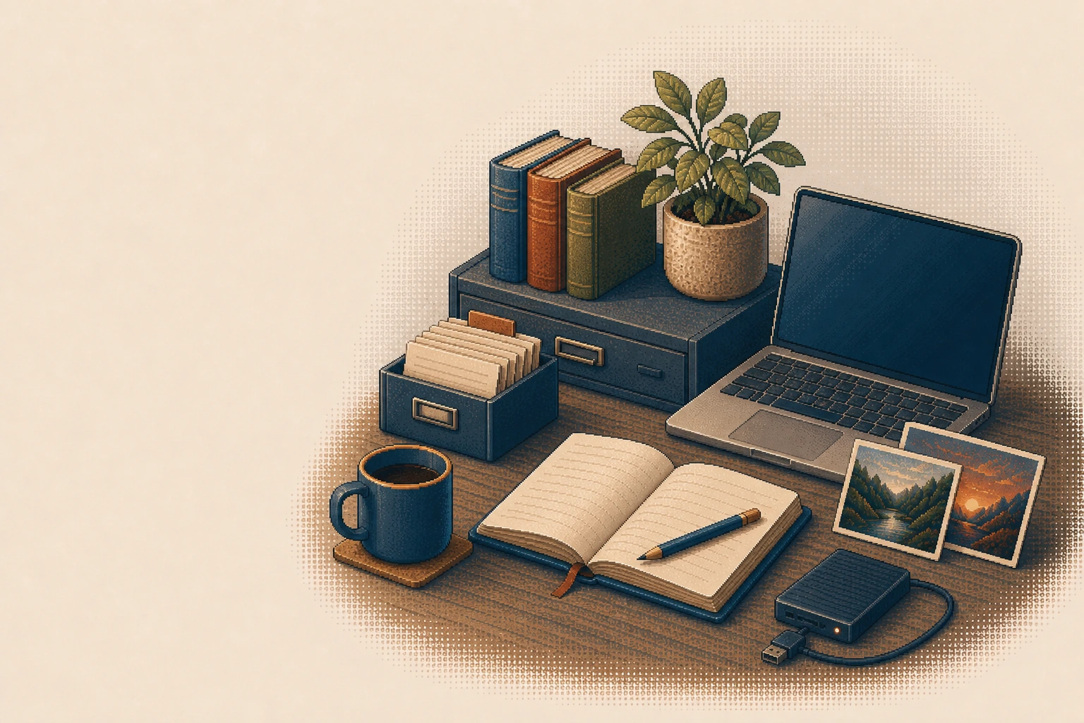 Pixel-art illustration of a considered digital workbench with books, local files, a notebook, laptop, media prints, drive, plant, and mug.